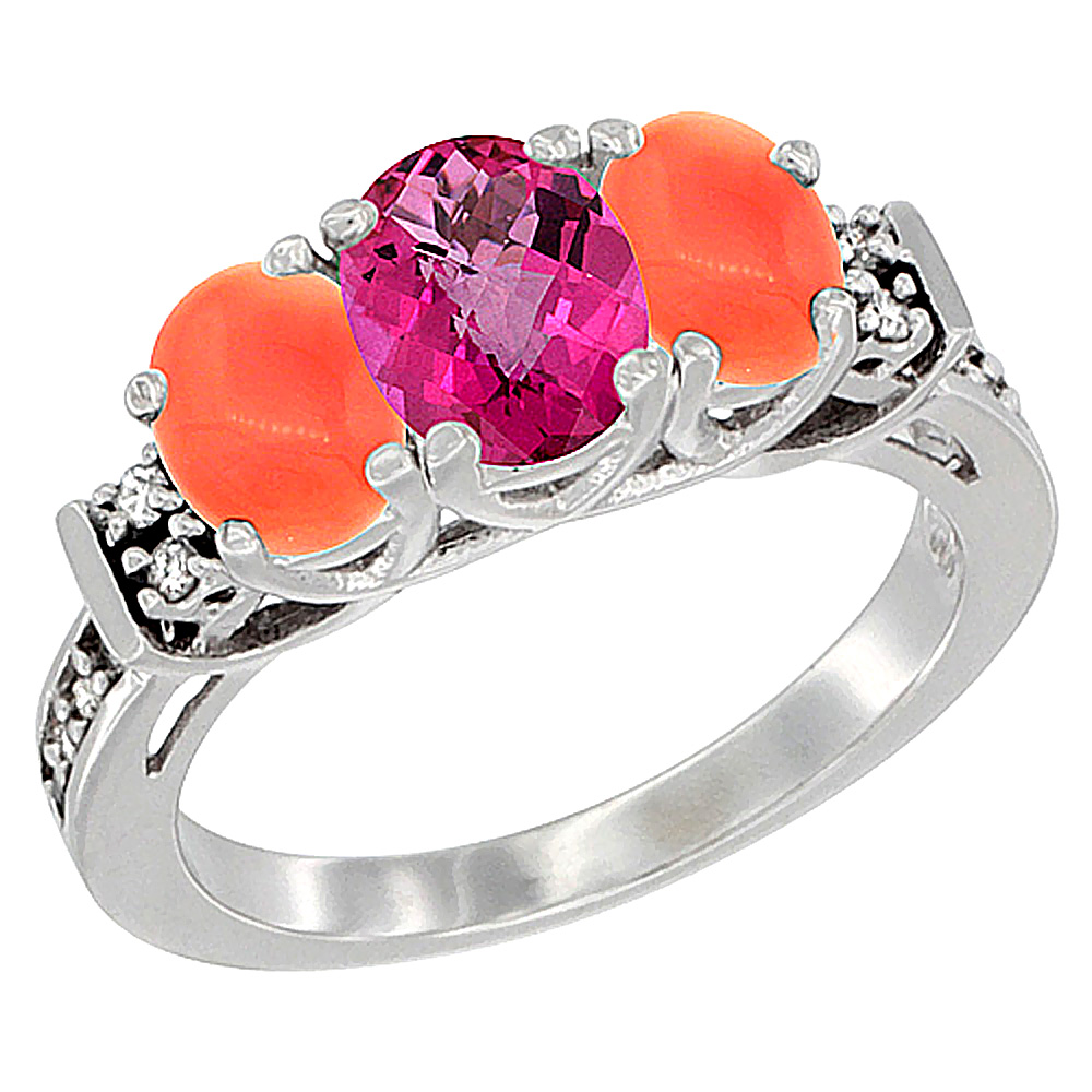 14K White Gold Natural Pink Topaz &amp; Coral Ring 3-Stone Oval Diamond Accent, sizes 5-10