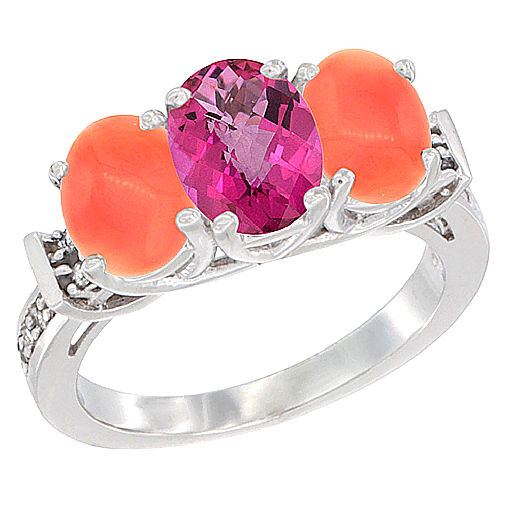 10K White Gold Natural Pink Topaz & Coral Sides Ring 3-Stone Oval Diamond Accent, sizes 5 - 10