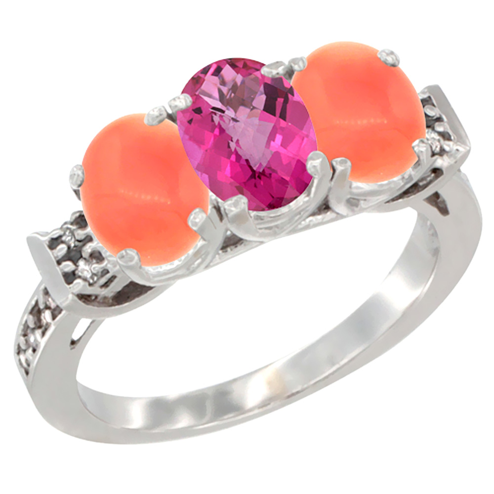 10K White Gold Natural Pink Topaz & Coral Sides Ring 3-Stone Oval 7x5 mm Diamond Accent, sizes 5 - 10