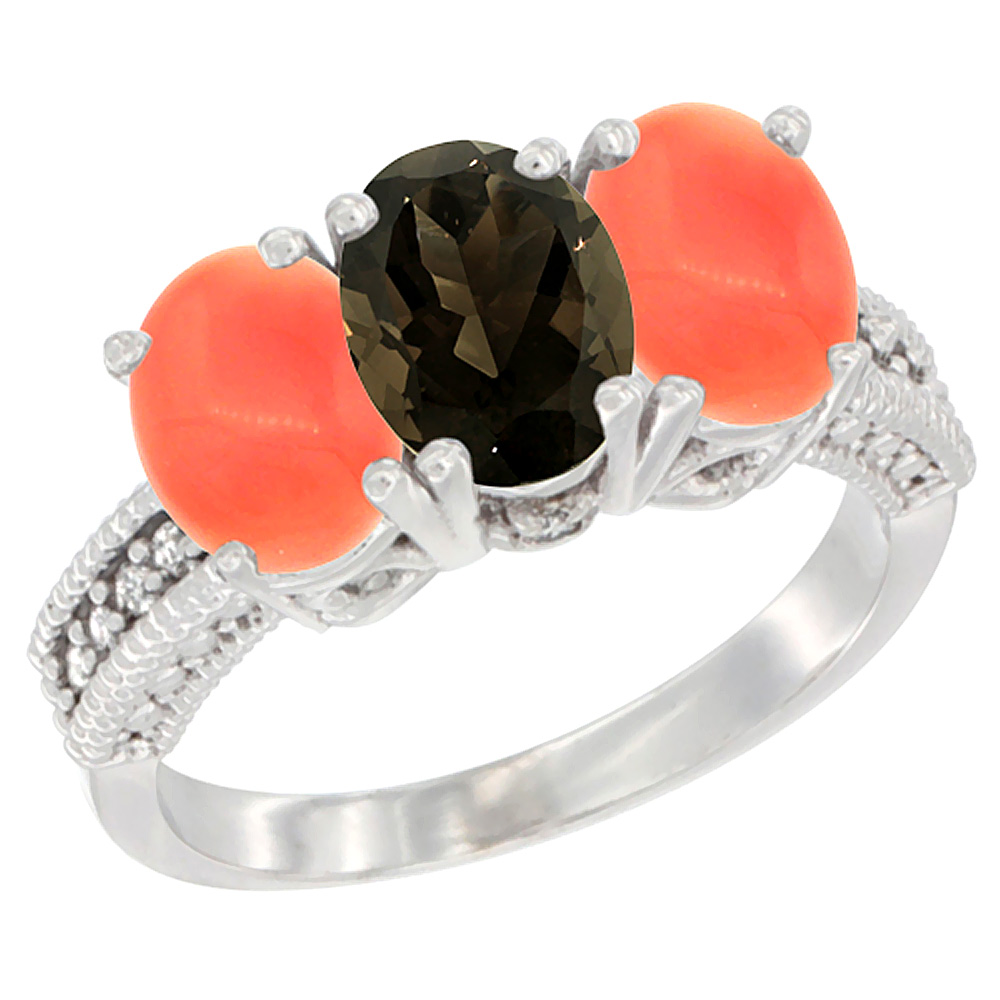 14K White Gold Natural Smoky Topaz Ring with Coral 3-Stone 7x5 mm Oval Diamond Accent, sizes 5 - 10