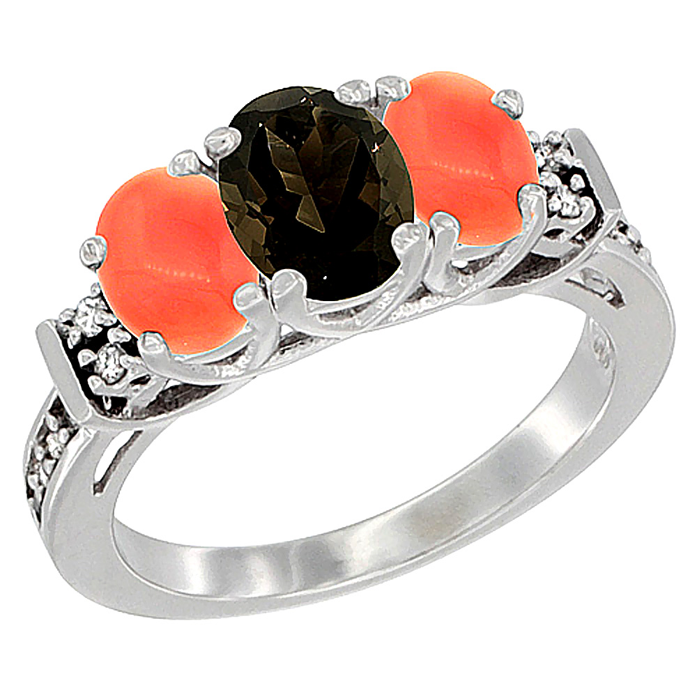 14K White Gold Natural Smoky Topaz &amp; Coral Ring 3-Stone Oval Diamond Accent, sizes 5-10