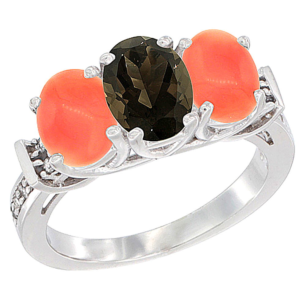 14K White Gold Natural Smoky Topaz & Coral Sides Ring 3-Stone Oval Diamond Accent, sizes 5 - 10