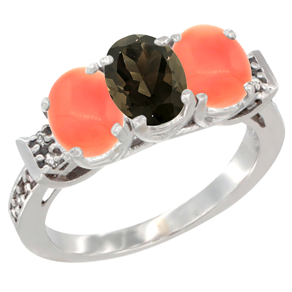 10K White Gold Natural Smoky Topaz &amp; Coral Sides Ring 3-Stone Oval 7x5 mm Diamond Accent, sizes 5 - 10