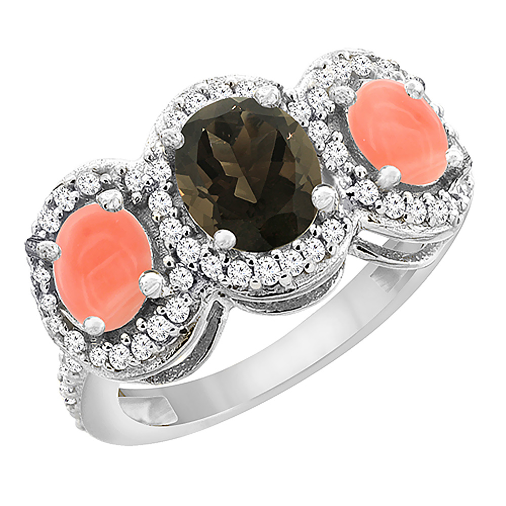 14K White Gold Natural Smoky Topaz &amp; Coral 3-Stone Ring Oval Diamond Accent, sizes 5 - 10