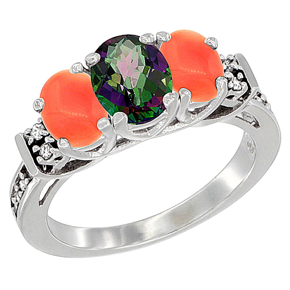 14K White Gold Natural Mystic Topaz &amp; Coral Ring 3-Stone Oval Diamond Accent, sizes 5-10