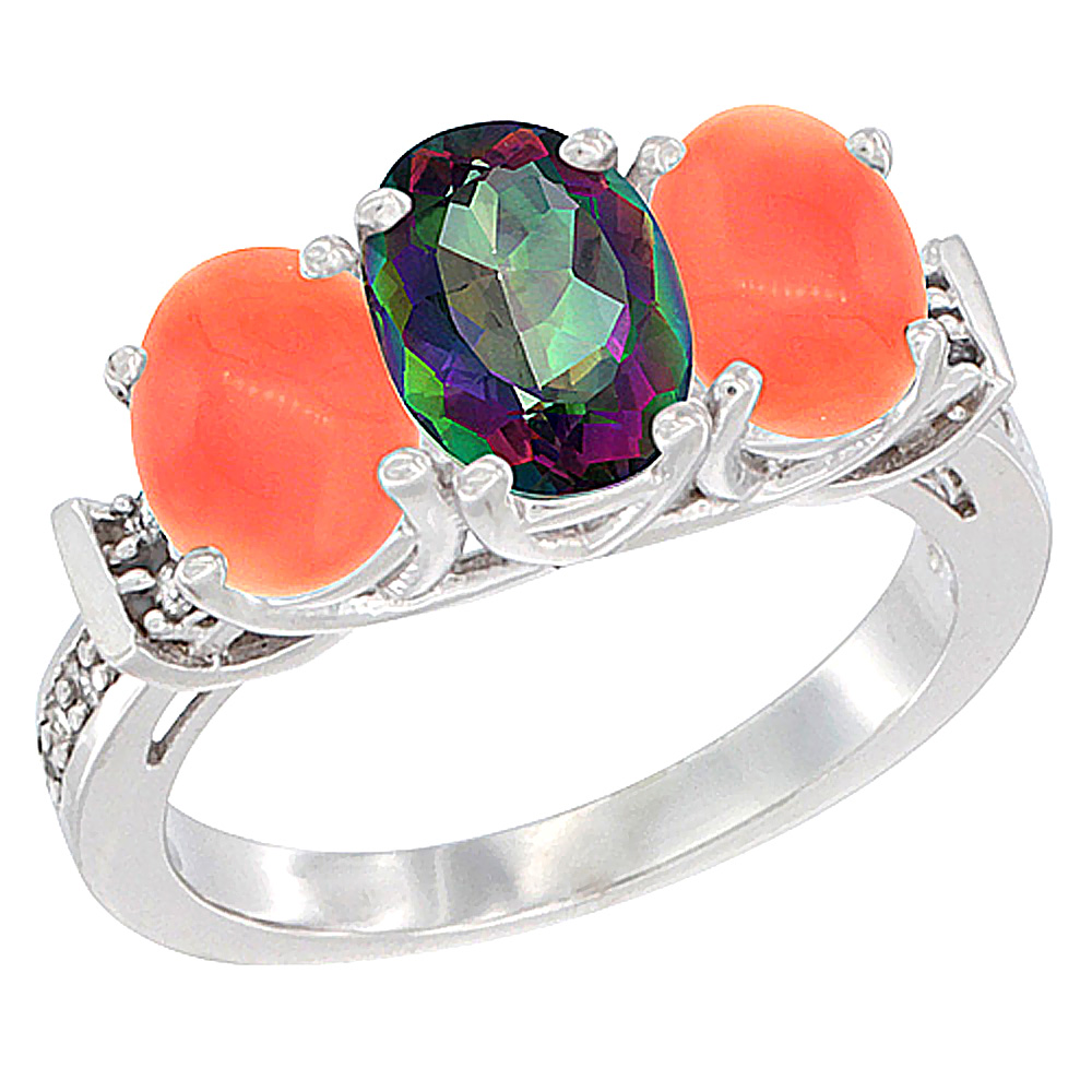 14K White Gold Natural Mystic Topaz & Coral Sides Ring 3-Stone Oval Diamond Accent, sizes 5 - 10