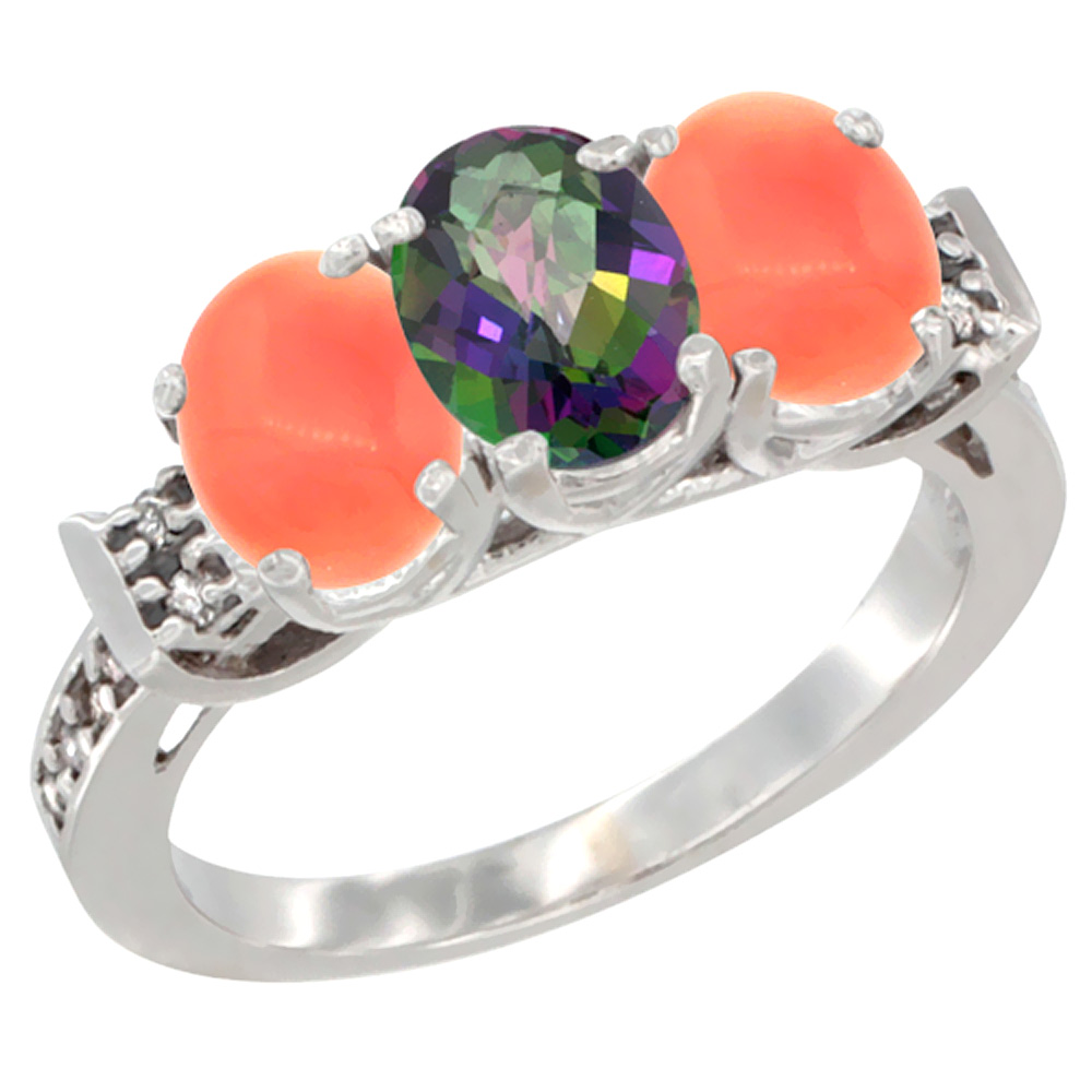 10K White Gold Natural Mystic Topaz &amp; Coral Sides Ring 3-Stone Oval 7x5 mm Diamond Accent, sizes 5 - 10