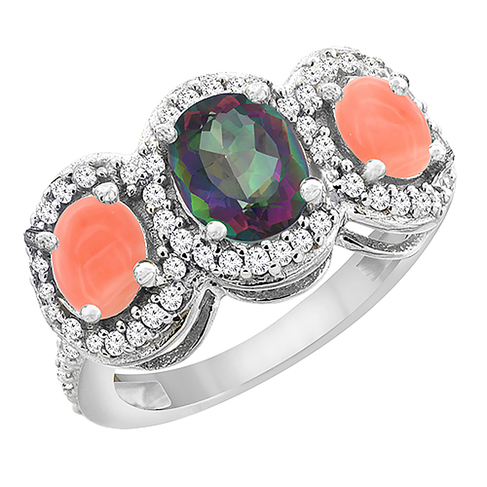 10K White Gold Natural Mystic Topaz &amp; Coral 3-Stone Ring Oval Diamond Accent, sizes 5 - 10