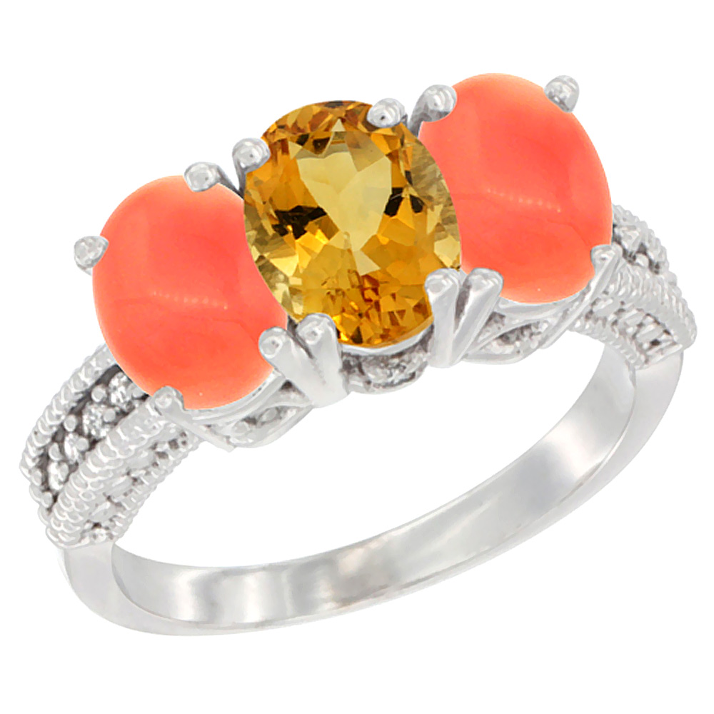14K White Gold Natural Citrine Ring with Coral 3-Stone 7x5 mm Oval Diamond Accent, sizes 5 - 10