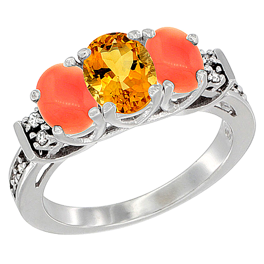 14K White Gold Natural Citrine &amp; Coral Ring 3-Stone Oval Diamond Accent, sizes 5-10