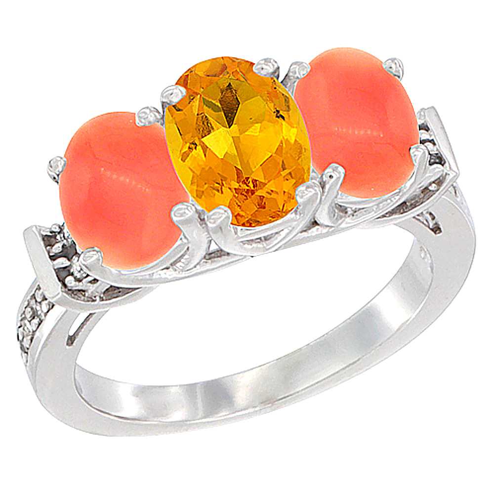 14K White Gold Natural Citrine &amp; Coral Sides Ring 3-Stone Oval Diamond Accent, sizes 5 - 10
