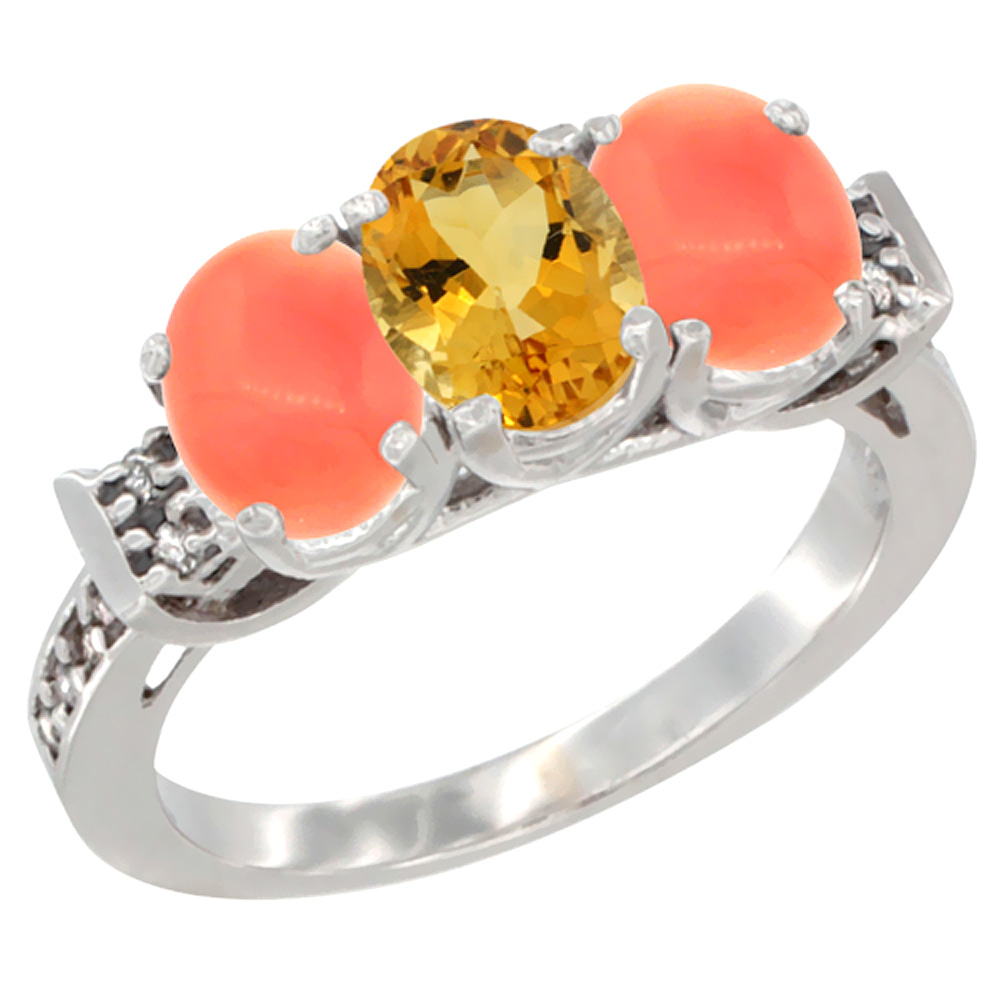 10K White Gold Natural Citrine & Coral Sides Ring 3-Stone Oval 7x5 mm Diamond Accent, sizes 5 - 10