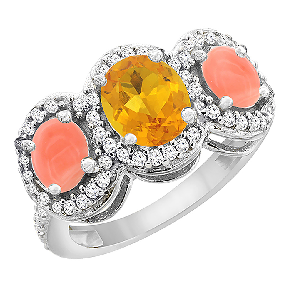 10K White Gold Natural Citrine &amp; Coral 3-Stone Ring Oval Diamond Accent, sizes 5 - 10