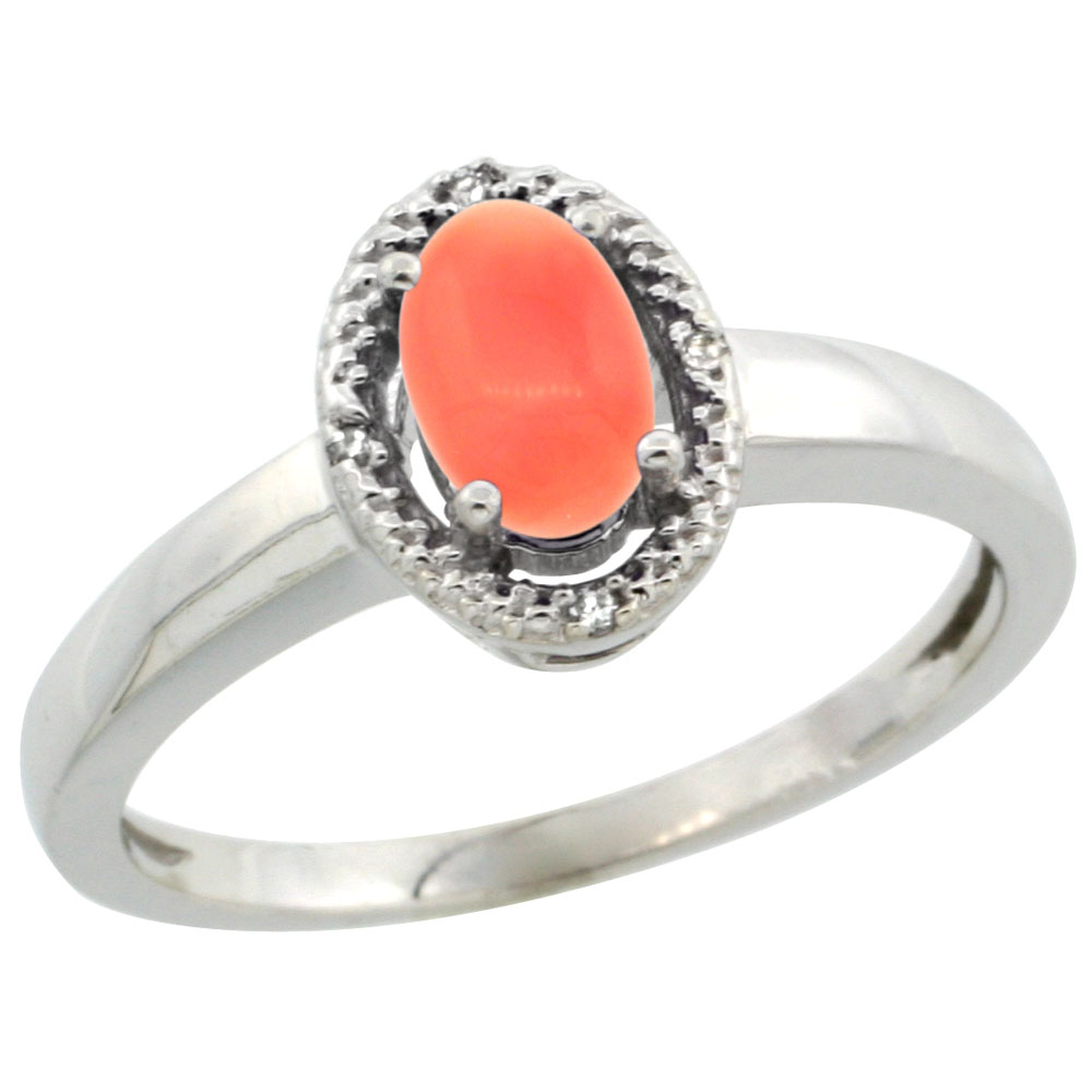 10K White Gold Diamond Halo Natural Coral Engagement Ring Oval 6X4 mm, sizes 5-10
