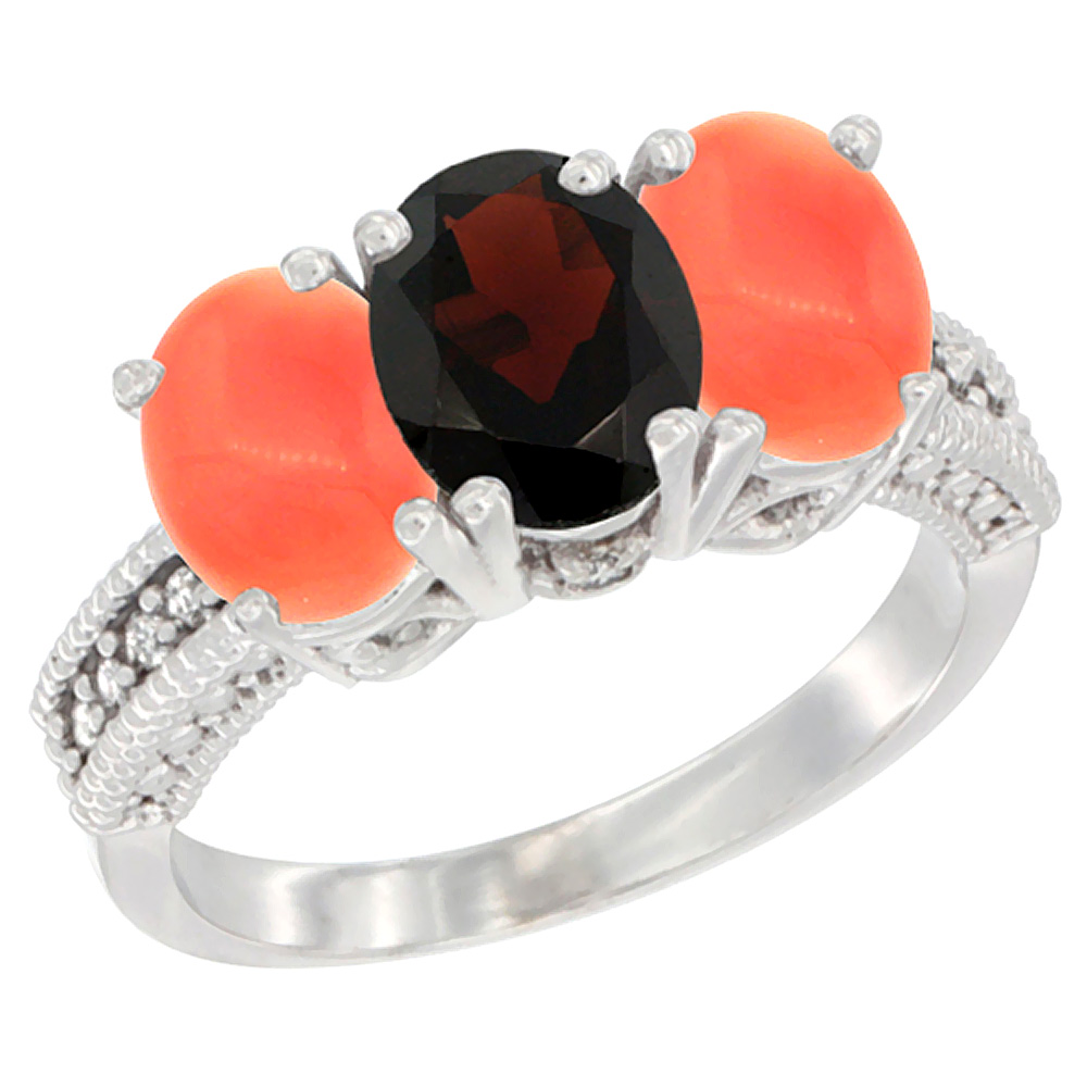 14K White Gold Natural Garnet Ring with Coral 3-Stone 7x5 mm Oval Diamond Accent, sizes 5 - 10