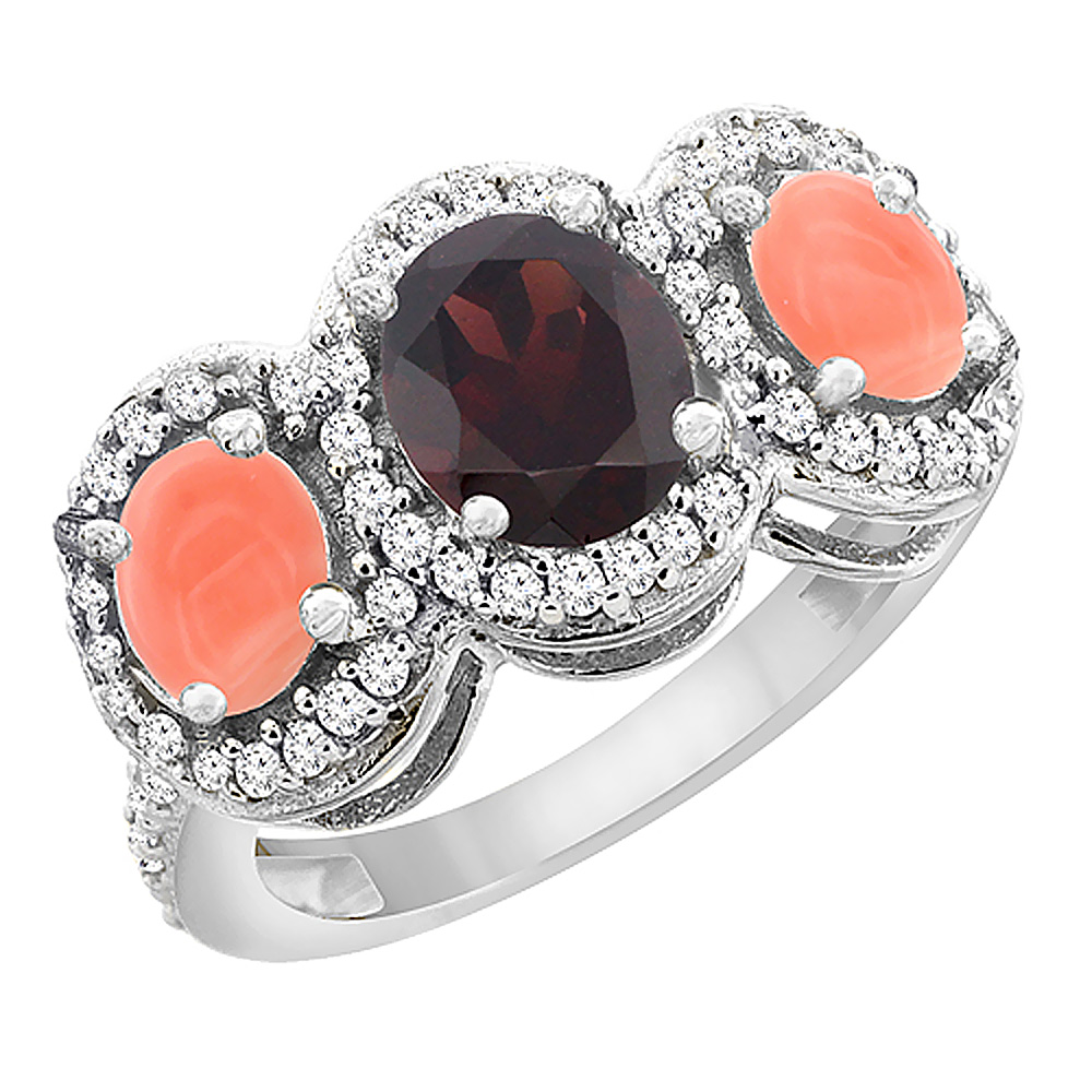10K White Gold Natural Garnet &amp; Coral 3-Stone Ring Oval Diamond Accent, sizes 5 - 10