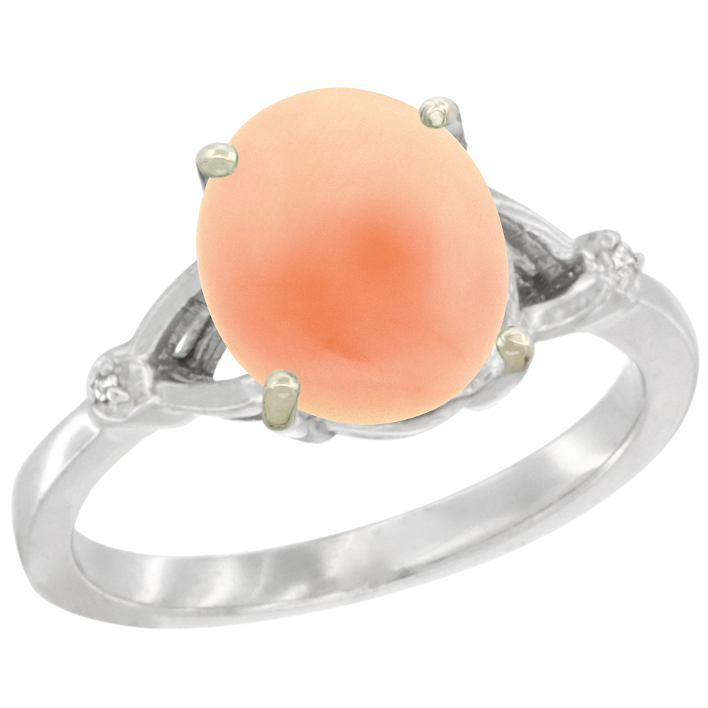 14K WHITE GOLD SIMPLE LARGE 4 PRONG 10X8MM OVAL CORAL ENGAGEMENT RING FOR WOMEN 3/8 INCH WIDE SIZES 6-10
