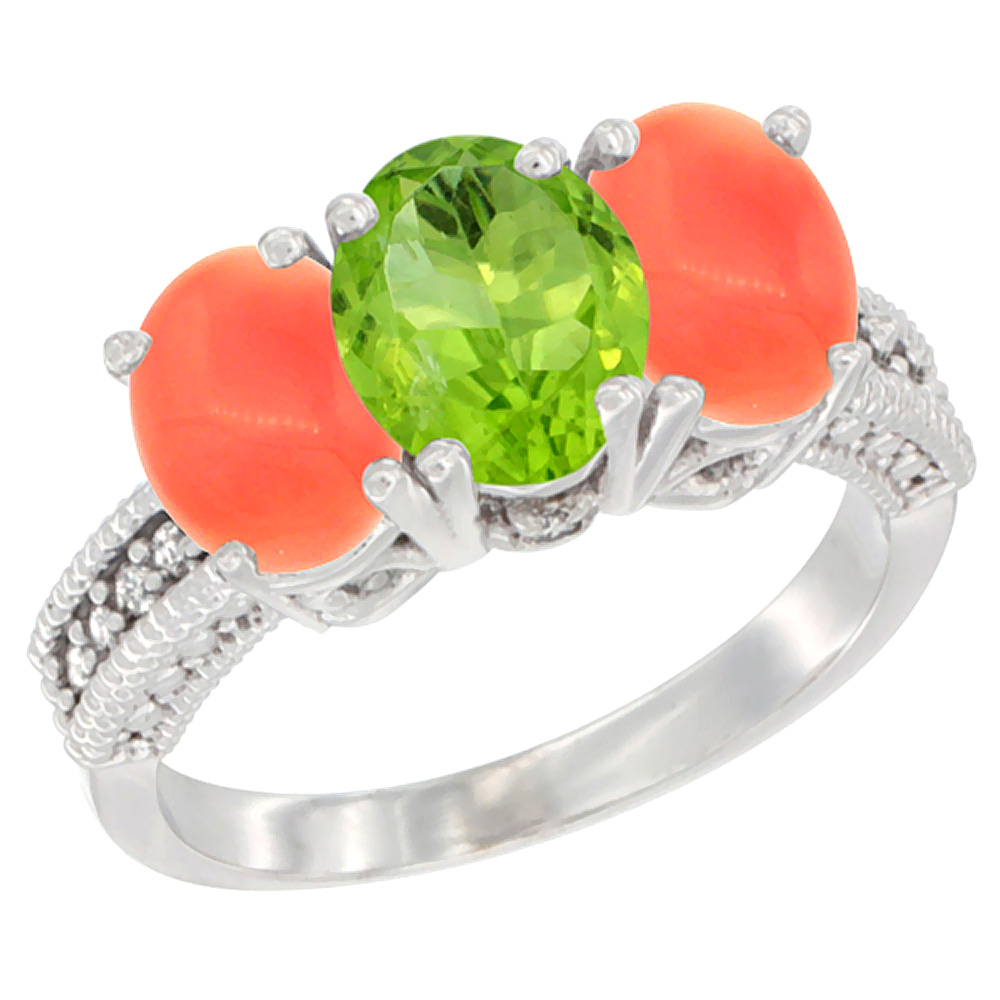 14K White Gold Natural Peridot Ring with Coral 3-Stone 7x5 mm Oval Diamond Accent, sizes 5 - 10