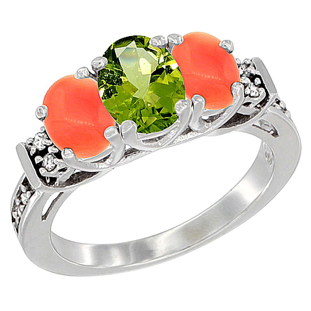 10K White Gold Natural Peridot &amp; Coral Ring 3-Stone Oval Diamond Accent, sizes 5-10