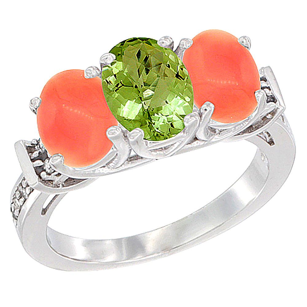 14K White Gold Natural Peridot &amp; Coral Sides Ring 3-Stone Oval Diamond Accent, sizes 5 - 10