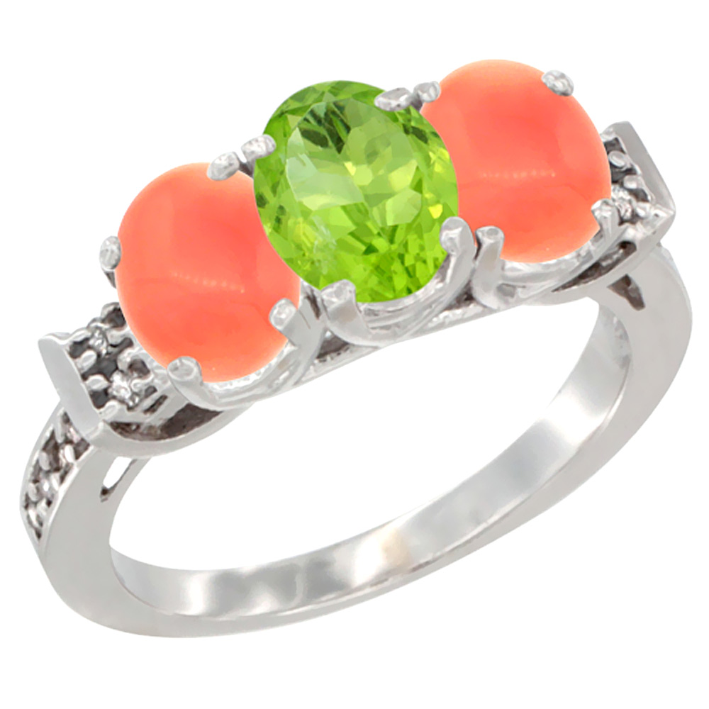 10K White Gold Natural Peridot &amp; Coral Sides Ring 3-Stone Oval 7x5 mm Diamond Accent, sizes 5 - 10
