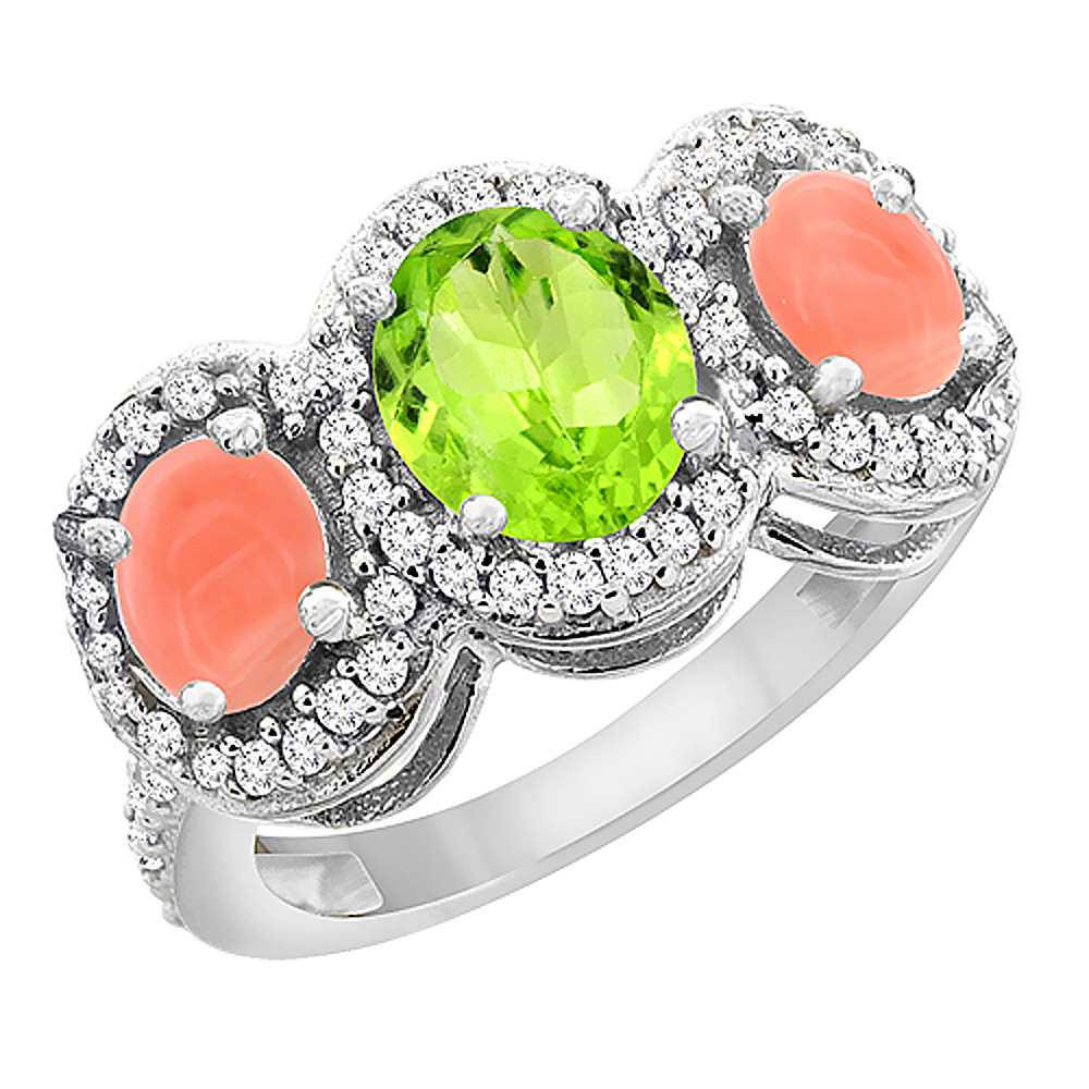 10K White Gold Natural Peridot & Coral 3-Stone Ring Oval Diamond Accent, sizes 5 - 10