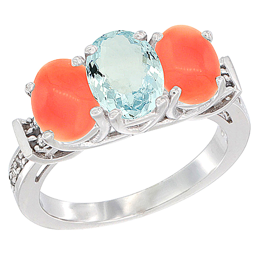 14K White Gold Natural Aquamarine &amp; Coral Sides Ring 3-Stone Oval Diamond Accent, sizes 5 - 10