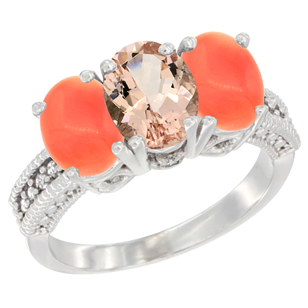 14K White Gold Natural Morganite Ring with Coral 3-Stone 7x5 mm Oval Diamond Accent, sizes 5 - 10
