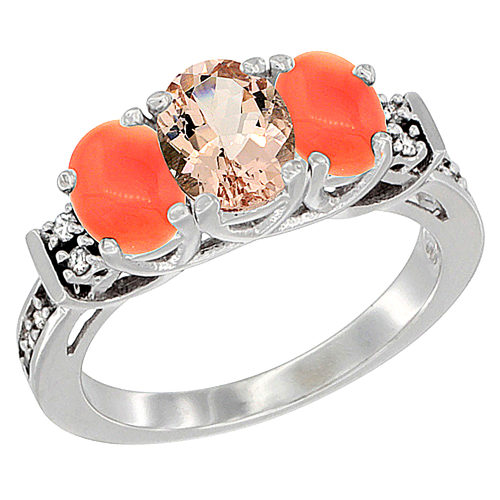 10K White Gold Natural Morganite &amp; Coral Ring 3-Stone Oval Diamond Accent, sizes 5-10