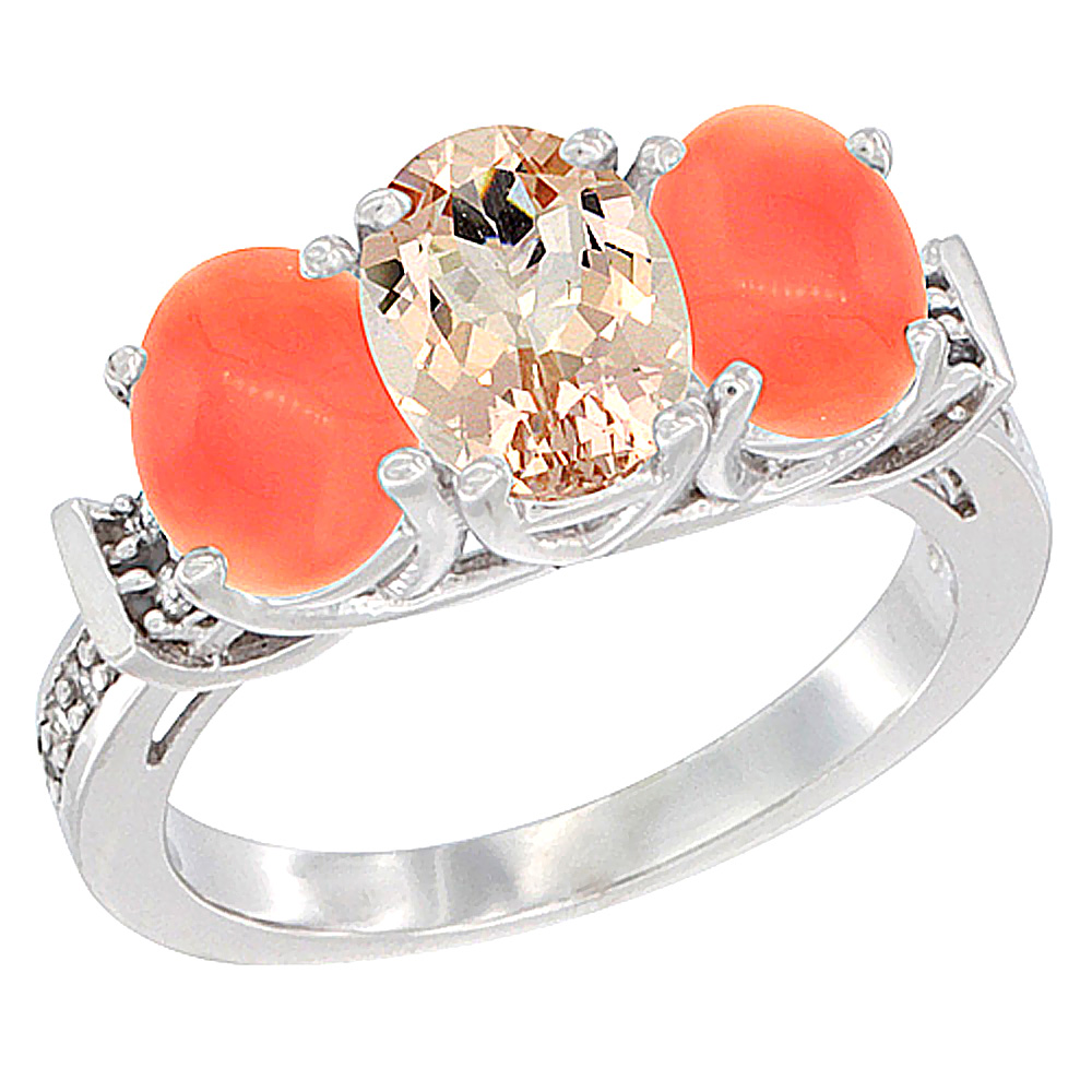 10K White Gold Natural Morganite & Coral Sides Ring 3-Stone Oval Diamond Accent, sizes 5 - 10
