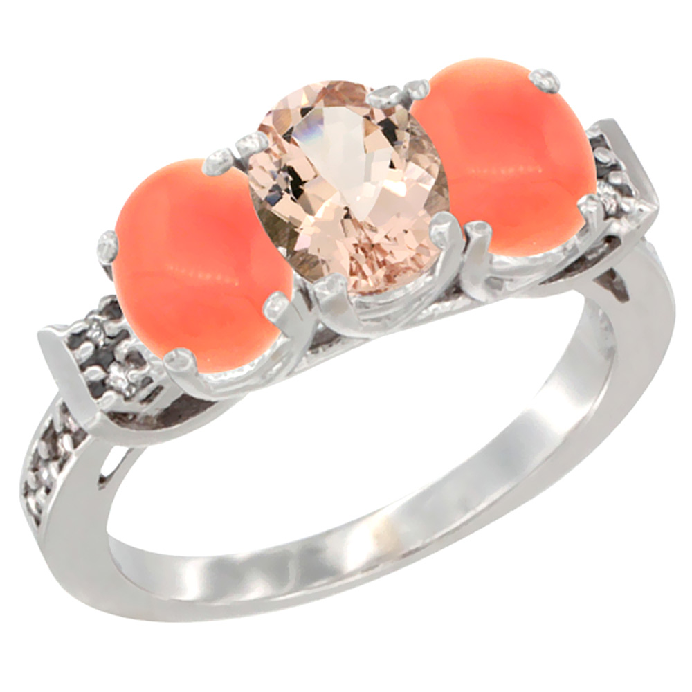10K White Gold Natural Morganite & Coral Sides Ring 3-Stone Oval 7x5 mm Diamond Accent, sizes 5 - 10