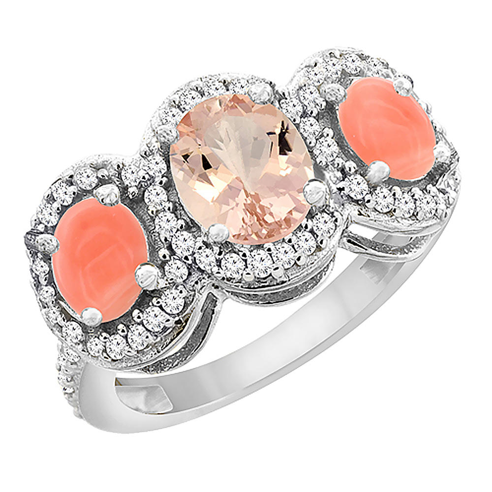 10K White Gold Natural Morganite & Coral 3-Stone Ring Oval Diamond Accent, sizes 5 - 10