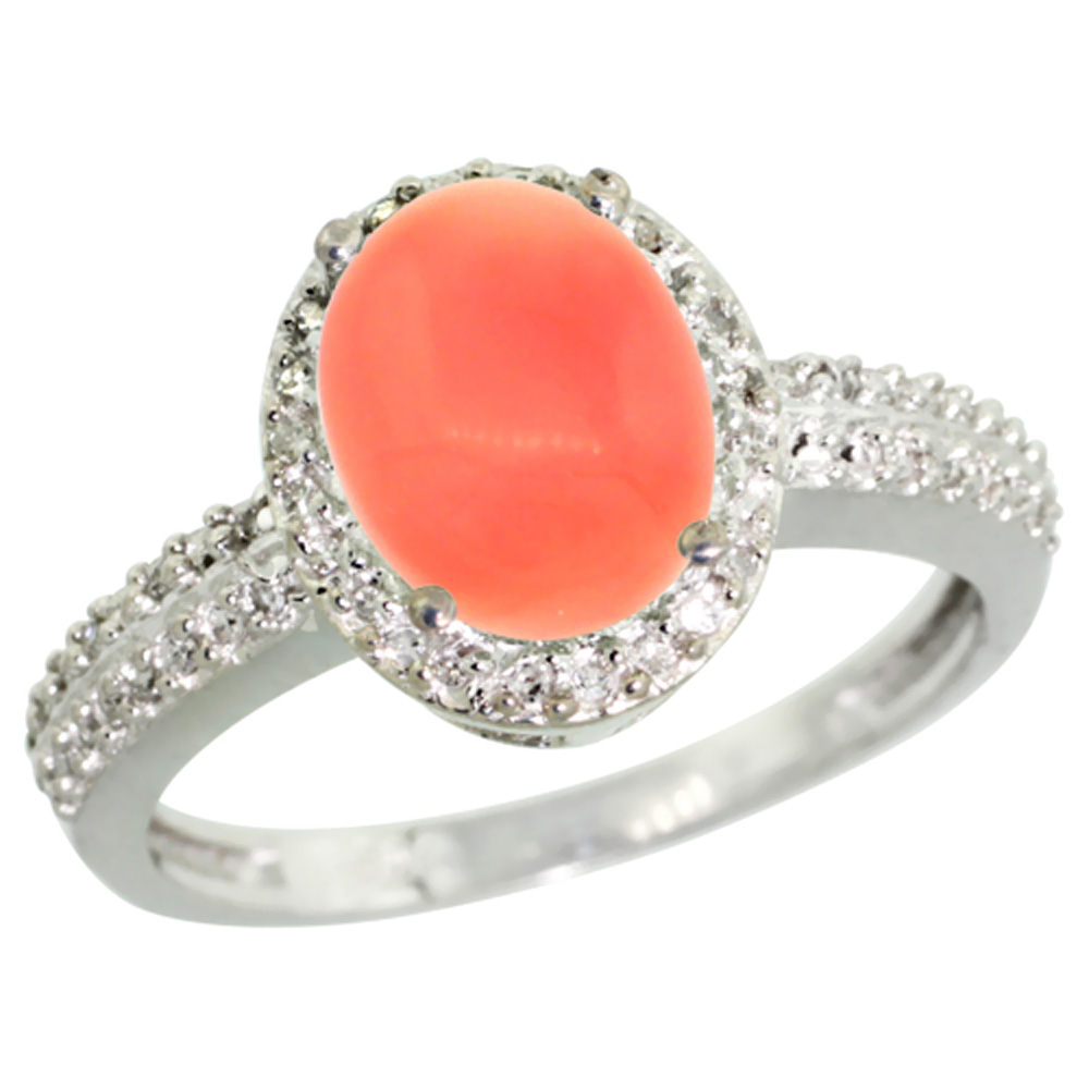 10K White Gold Diamond Natural Coral Ring Oval 9x7mm, sizes 5-10