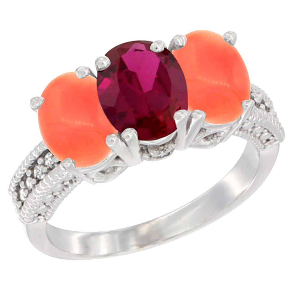 10K White Gold Diamond Enhanced Ruby &amp; Natural Coral Ring 3-Stone 7x5 mm Oval, sizes 5 - 10