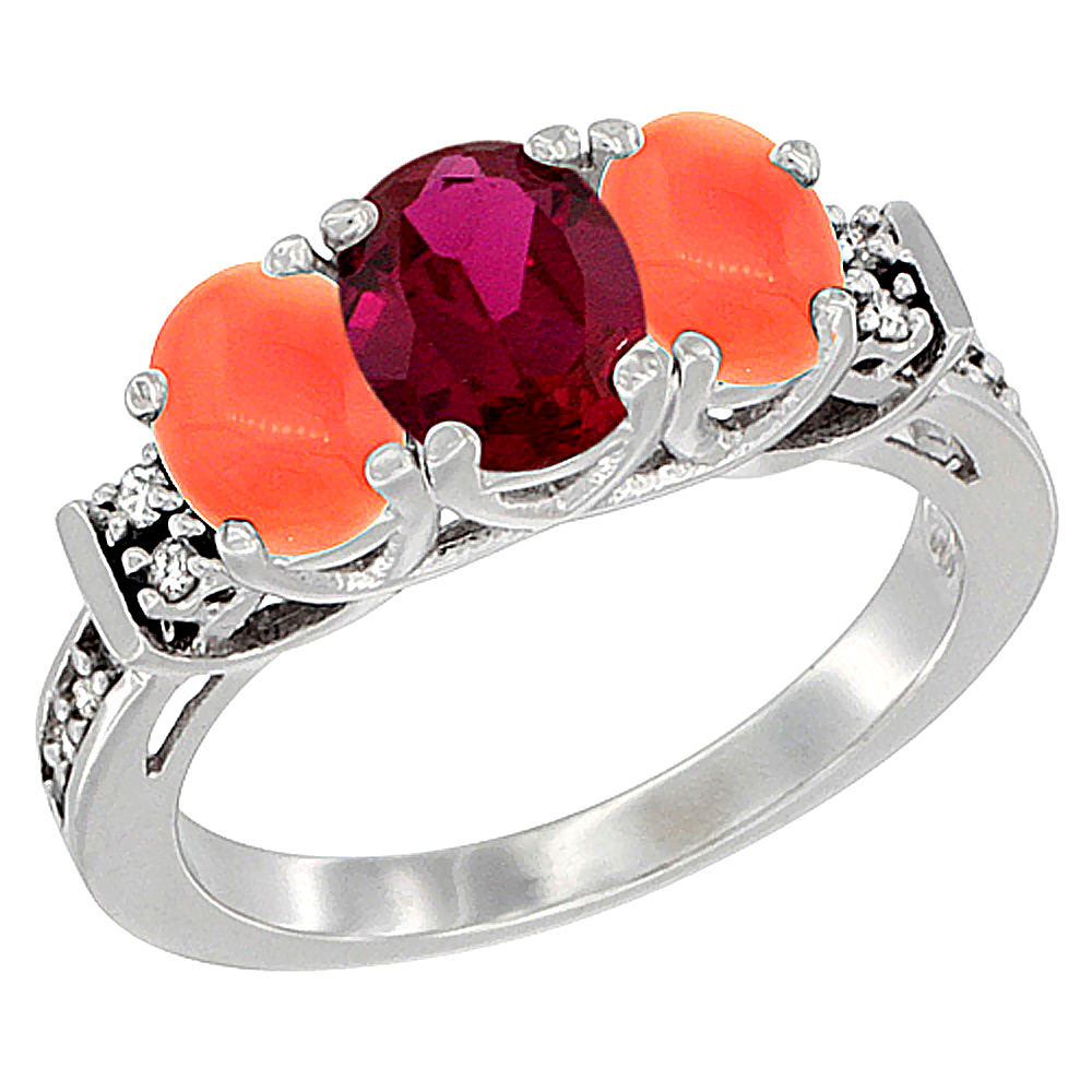 10K White Gold Enhanced Ruby &amp; Natural Coral Ring 3-Stone Oval Diamond Accent, sizes 5-10