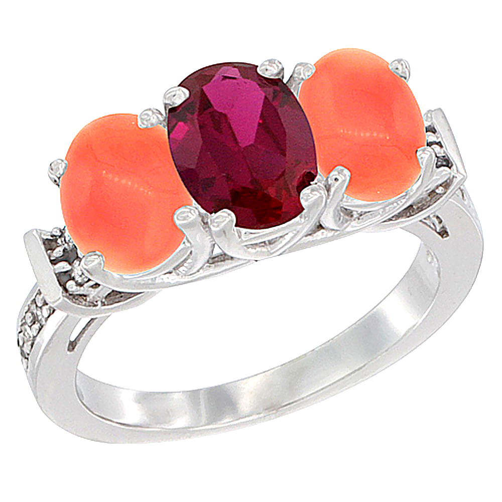 14K White Gold Natural High Quality Ruby &amp; Coral Sides Ring 3-Stone Oval Diamond Accent, sizes 5 - 10