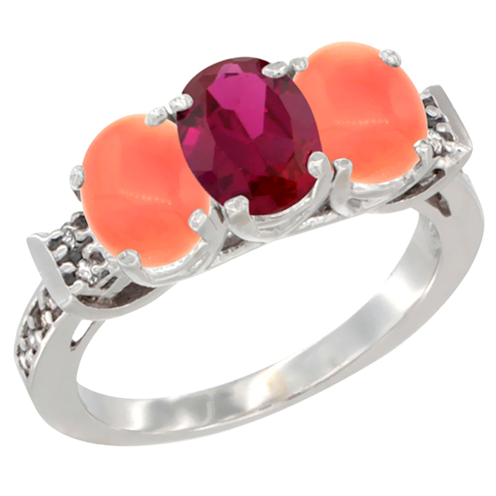 14K White Gold Enhanced Ruby & Natural Coral Ring 3-Stone 7x5 mm Oval Diamond Accent, sizes 5 - 10