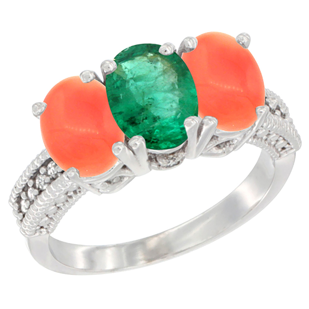 10K White Gold Diamond Natural Emerald & Coral Ring 3-Stone 7x5 mm Oval, sizes 5 - 10