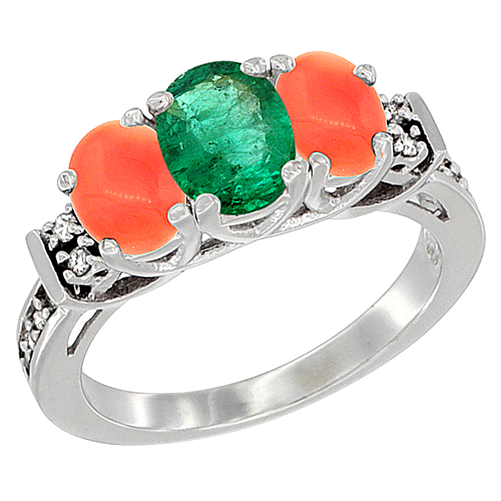 14K White Gold Natural Emerald &amp; Coral Ring 3-Stone Oval Diamond Accent, sizes 5-10