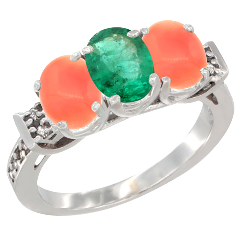 10K White Gold Natural Emerald & Coral Sides Ring 3-Stone Oval 7x5 mm Diamond Accent, sizes 5 - 10