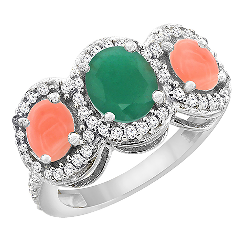 14K White Gold Natural Cabochon Emerald & Coral 3-Stone Ring Oval Diamond Accent, sizes 5 - 10