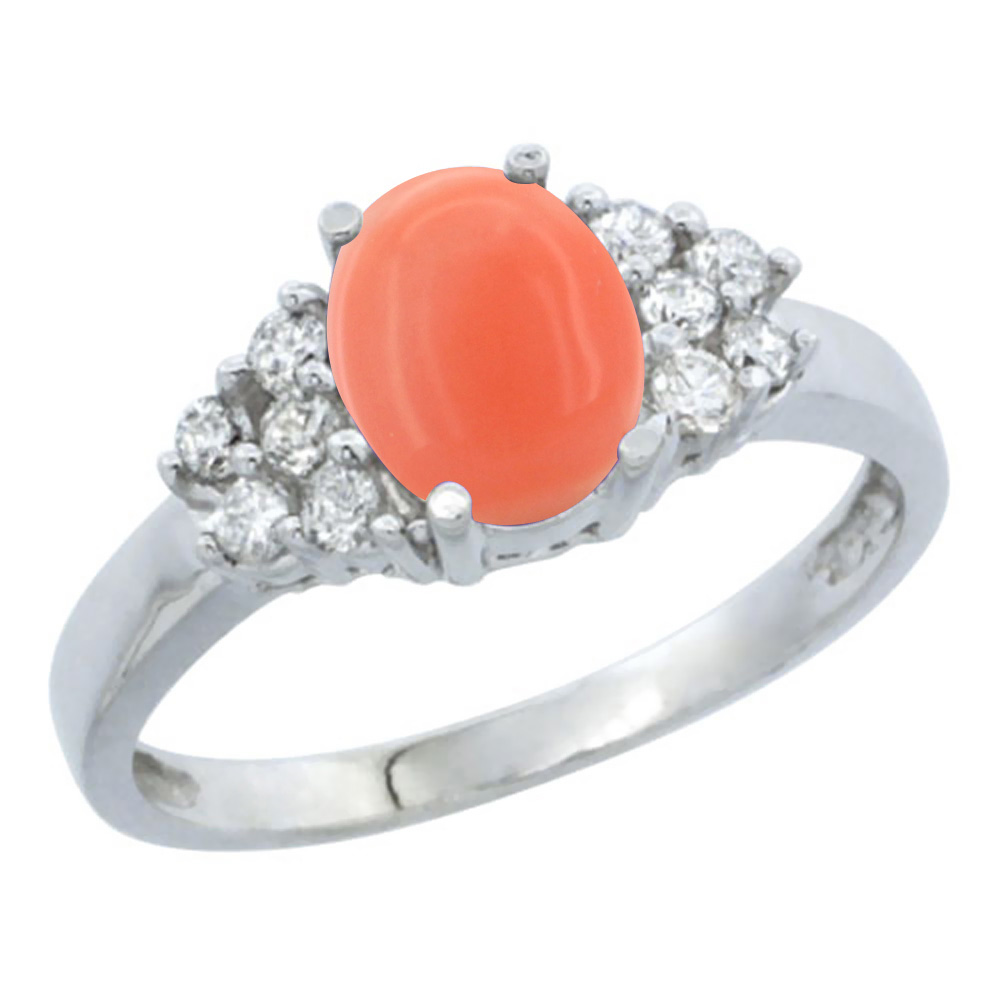 10K White Gold Natural Coral Ring Oval 8x6mm Diamond Accent, sizes 5-10