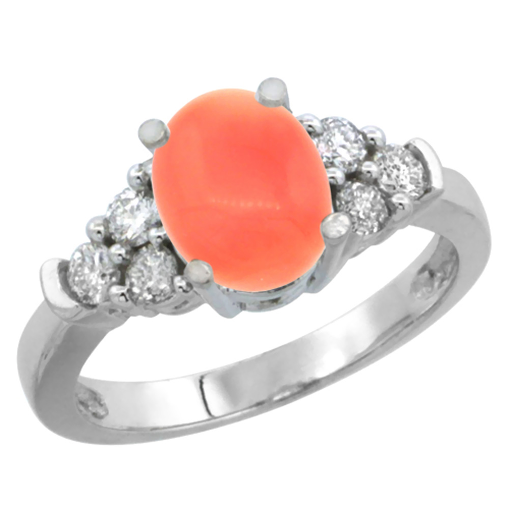 10K White Gold Natural Coral Ring Oval 9x7mm Diamond Accent, sizes 5-10