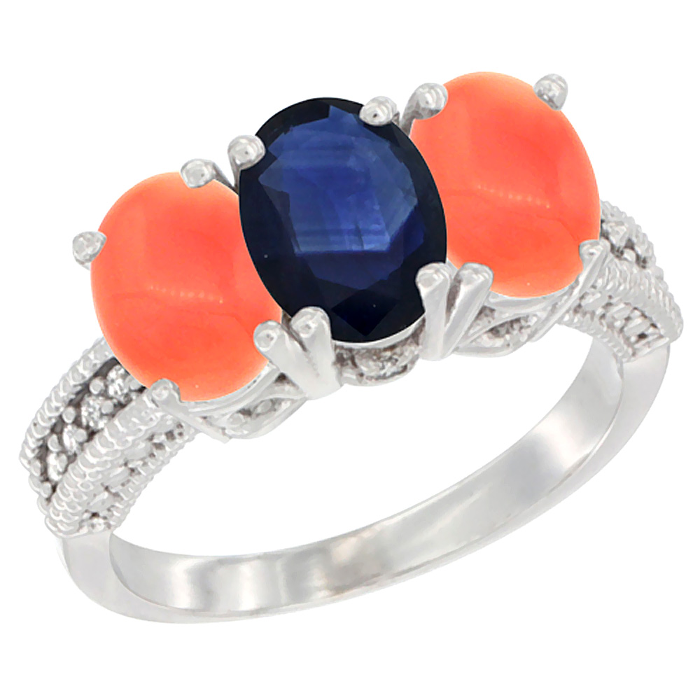 14K White Gold Natural Blue Sapphire Ring with Coral 3-Stone 7x5 mm Oval Diamond Accent, sizes 5 - 10