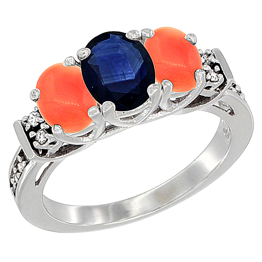 14K White Gold Natural Blue Sapphire &amp; Coral Ring 3-Stone Oval Diamond Accent, sizes 5-10