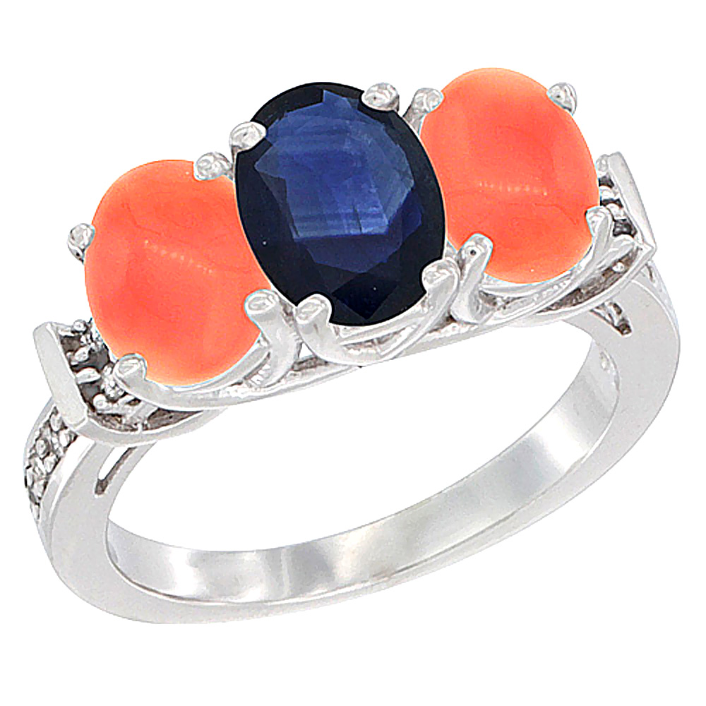 10K White Gold Natural Blue Sapphire & Coral Sides Ring 3-Stone Oval Diamond Accent, sizes 5 - 10