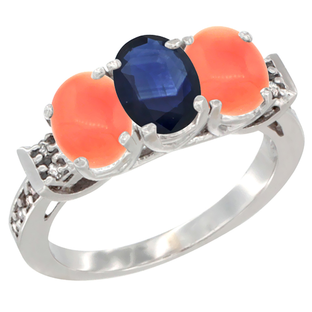 10K White Gold Natural Blue Sapphire &amp; Coral Sides Ring 3-Stone Oval 7x5 mm Diamond Accent, sizes 5 - 10