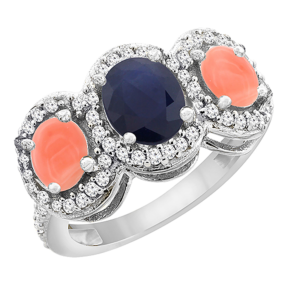10K White Gold Natural Blue Sapphire & Coral 3-Stone Ring Oval Diamond Accent, sizes 5 - 10