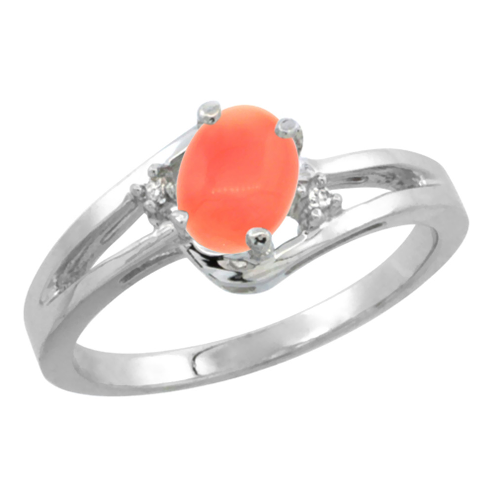 14K White Gold Diamond Natural Coral Ring Oval 6x4 mm, sizes 5-10
