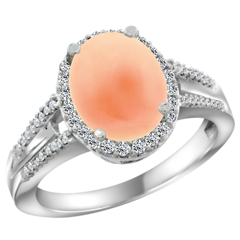 14K White Gold Diamond Natural Coral Engagement Ring Oval 10x8mm, sizes 5-10
